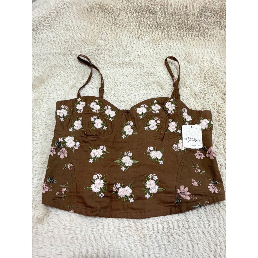NWT Free People Cottage Wild Flowers Embroidered Corset Bustier Top Brown XS